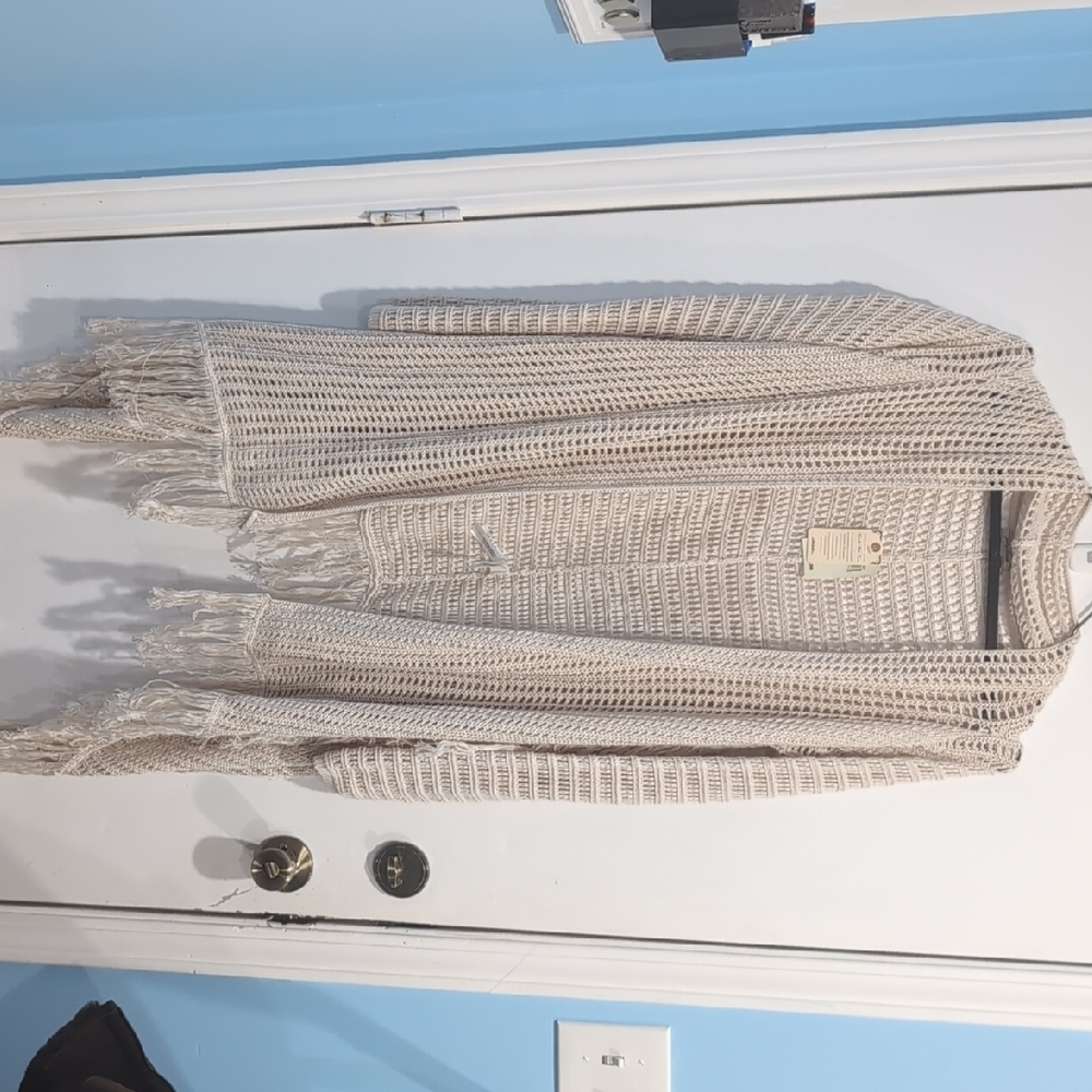 Lucky Brand NEW Cream Knit Duster Open Front Cardigan Boho Fringe Sz Large - Picture 7 of 9